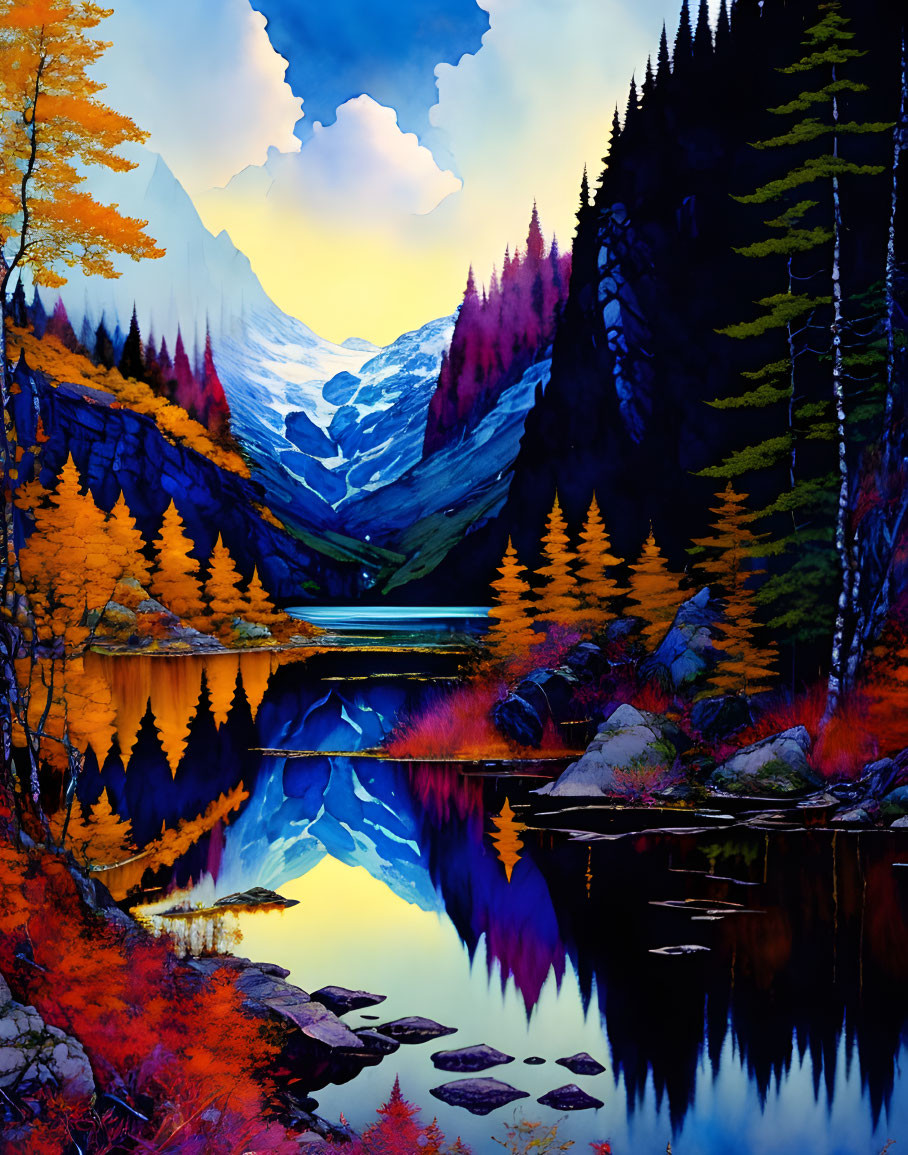 Scenic landscape painting: autumn trees, snowy mountains, blue sky