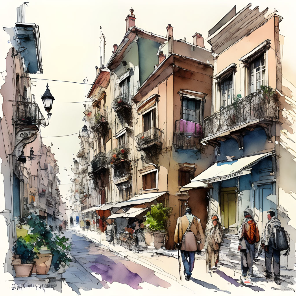 Colorful city street scene with pedestrians, balconies, and bistro in watercolor style