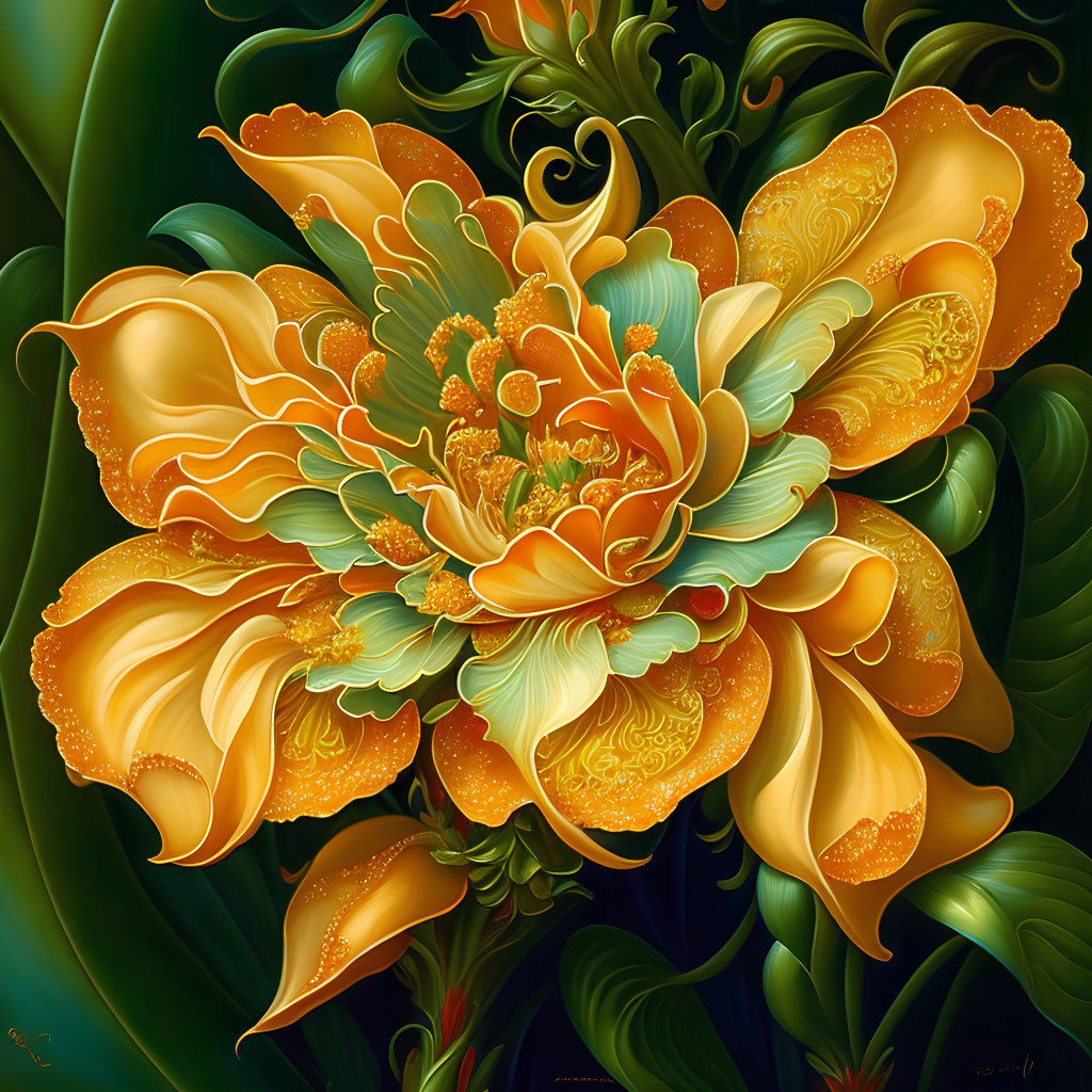 Colorful digital artwork: Ornate flower with orange and yellow petals.