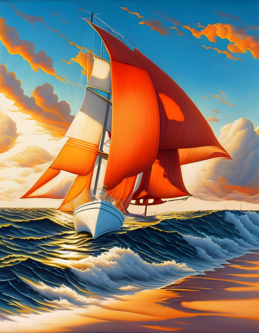 Colorful sailboat on blue ocean at sunset