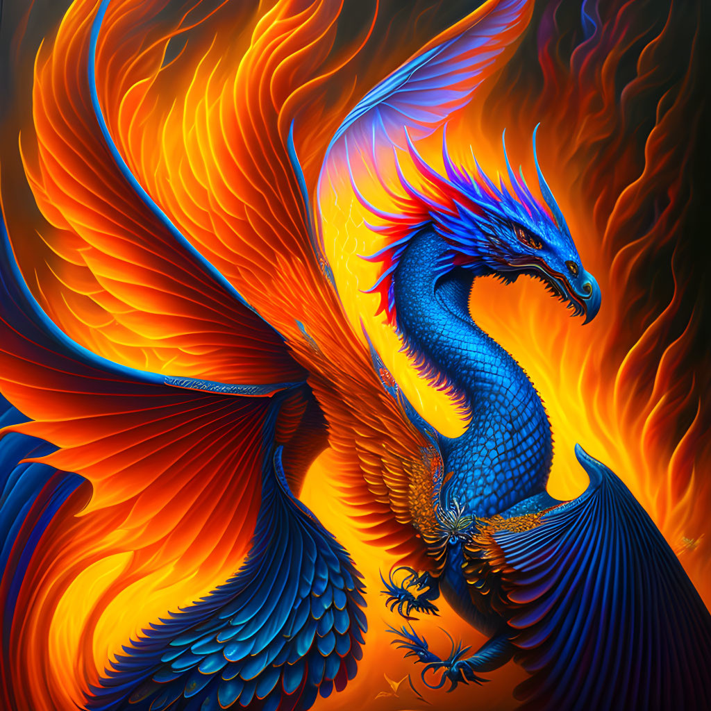 Colorful digital artwork: Blue dragon with fiery wings on warm backdrop