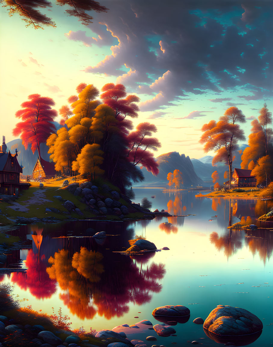 Tranquil fantasy landscape: sunset, reflective lake, colorful trees, cozy houses, serene sky