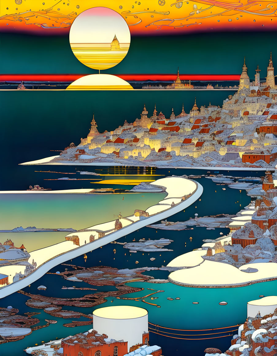 Detailed Fantasy Cityscape with River and Setting Sun