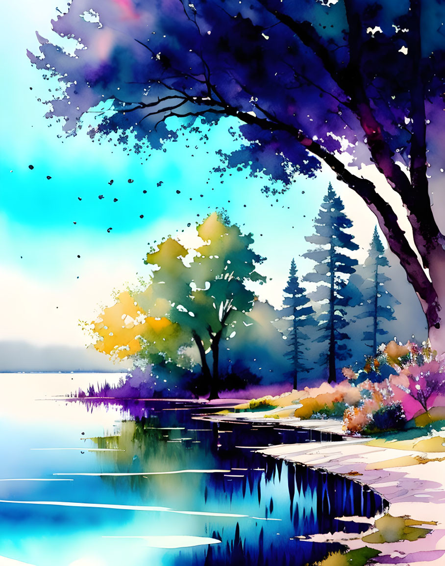 Colorful Watercolor Painting of Lakeside Foliage