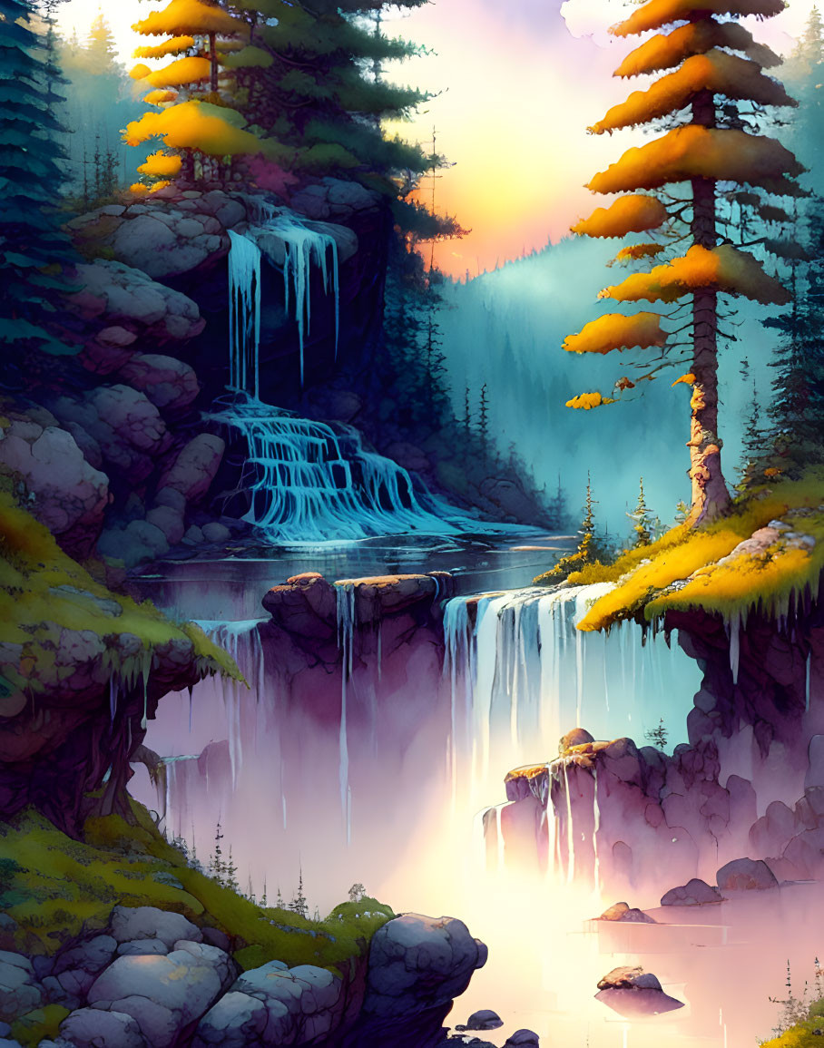 Tranquil waterfall scene with misty river, pine trees, rocks, and warm sky