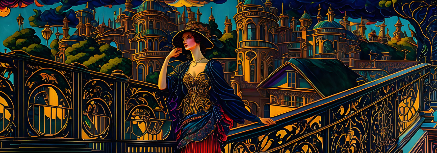 Victorian woman on balcony with art nouveau style architecture