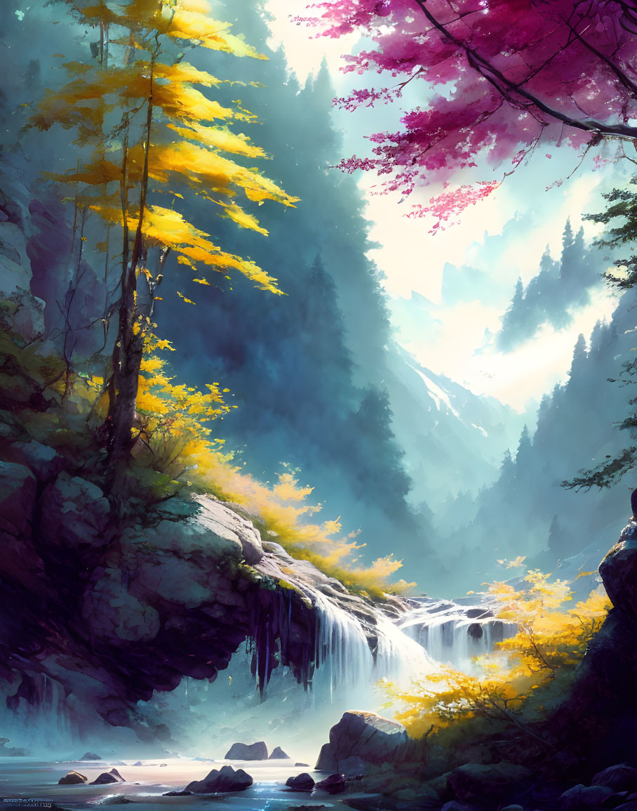 Tranquil landscape: waterfall, colorful trees, misty sunlight