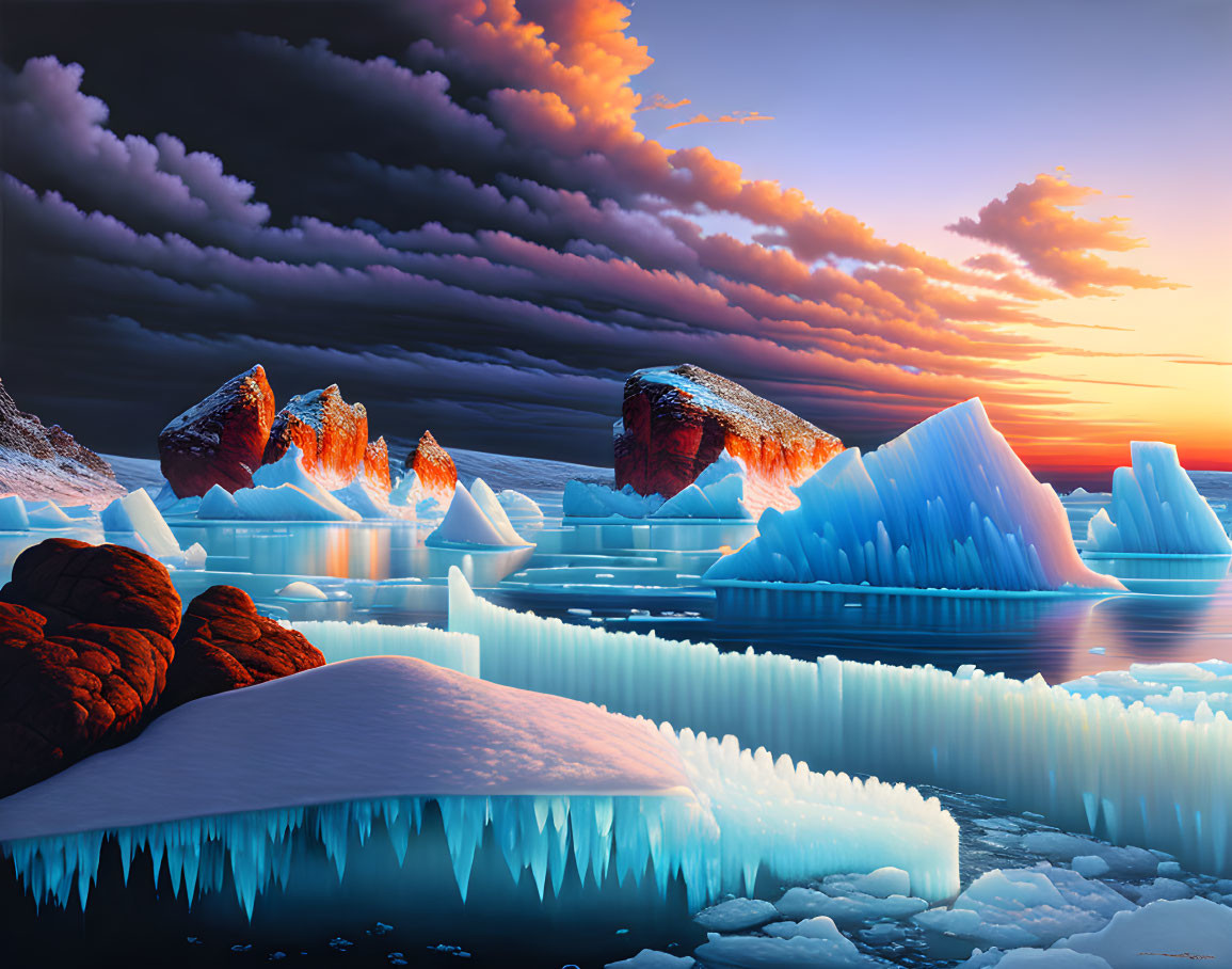 Arctic landscape at sunset: blue icebergs, calm sea, orange clouds