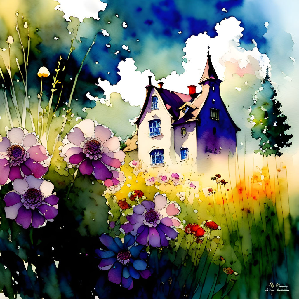 Charming house surrounded by vibrant flowers in watercolor