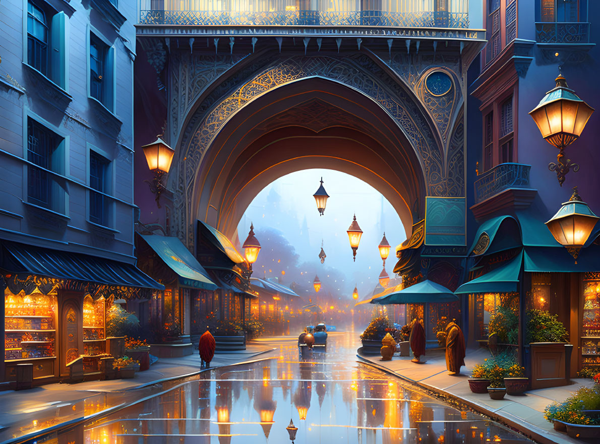 Vibrant shops and glowing lanterns in enchanting dusk scene