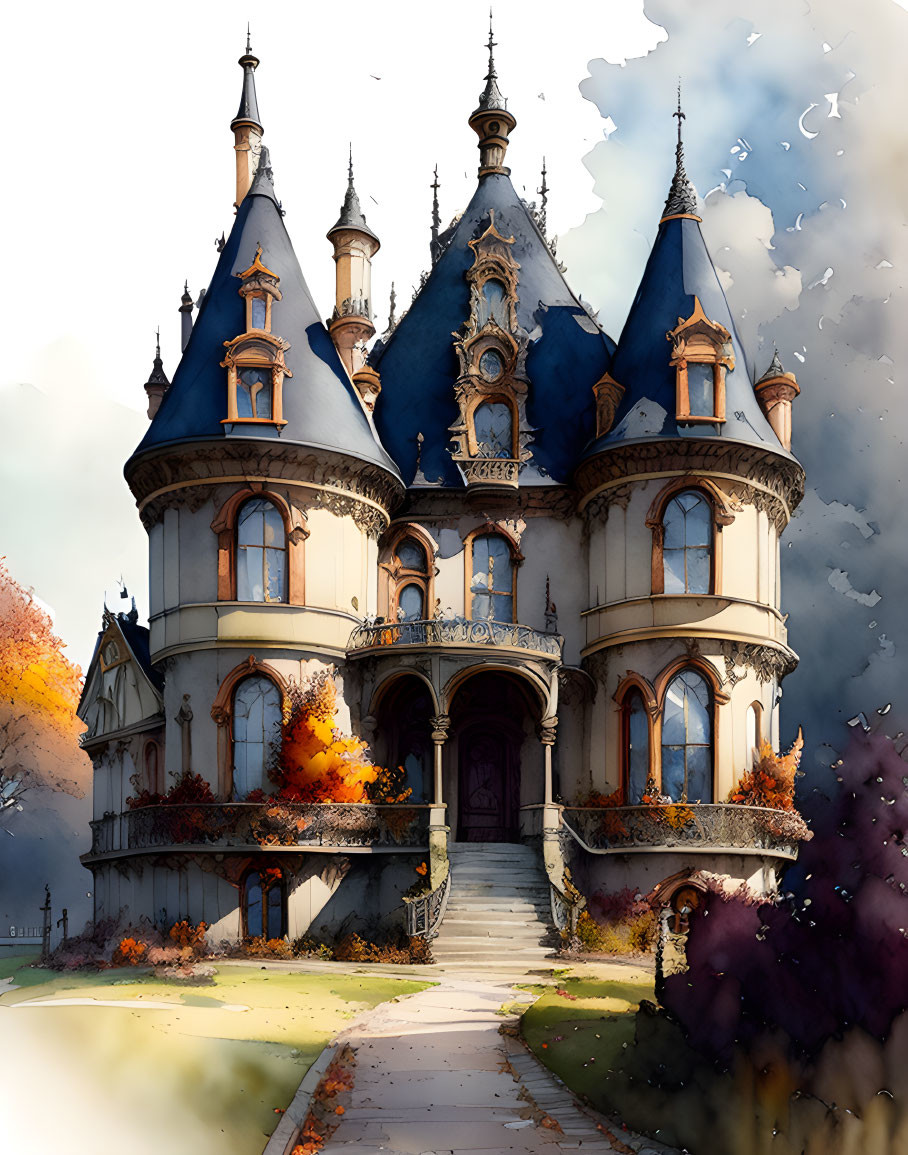 Gothic Victorian mansion with turrets in autumn setting