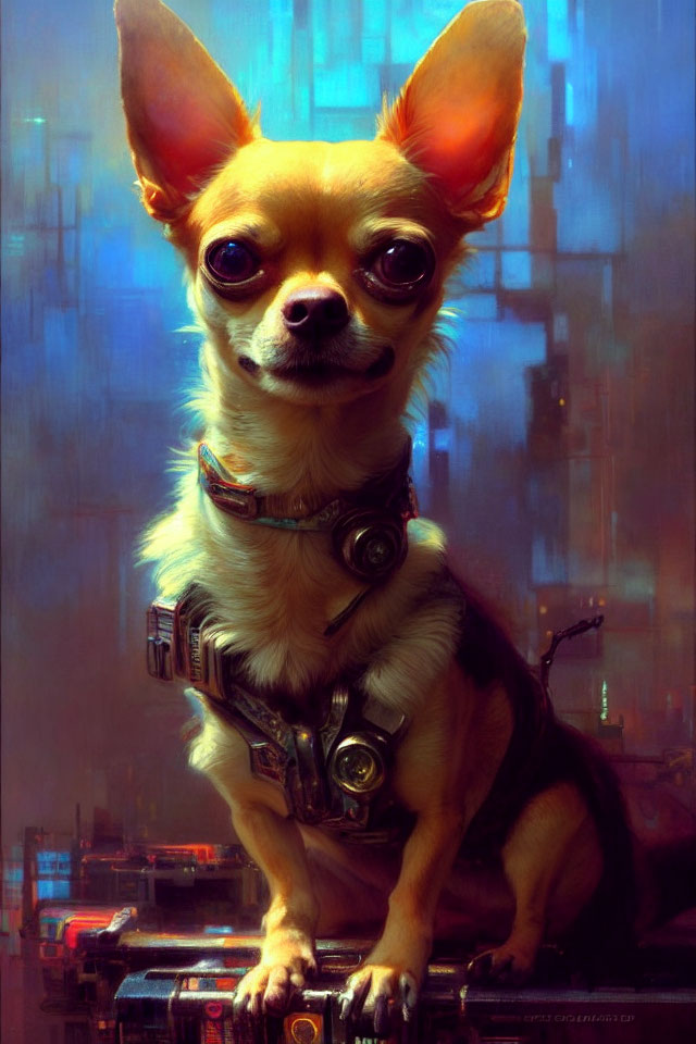 Small Chihuahua in futuristic harness against cyberpunk cityscape