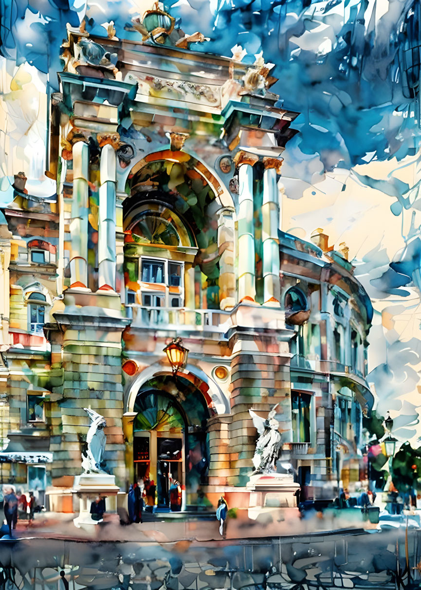 Ornate building with statues in vibrant watercolor art