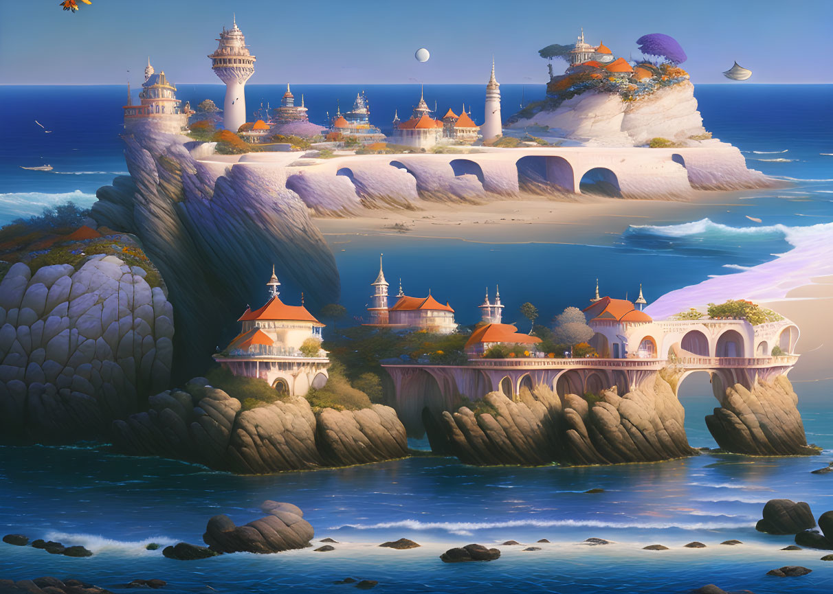 Coastal landscape with cliffside castles and ships under twilight sky