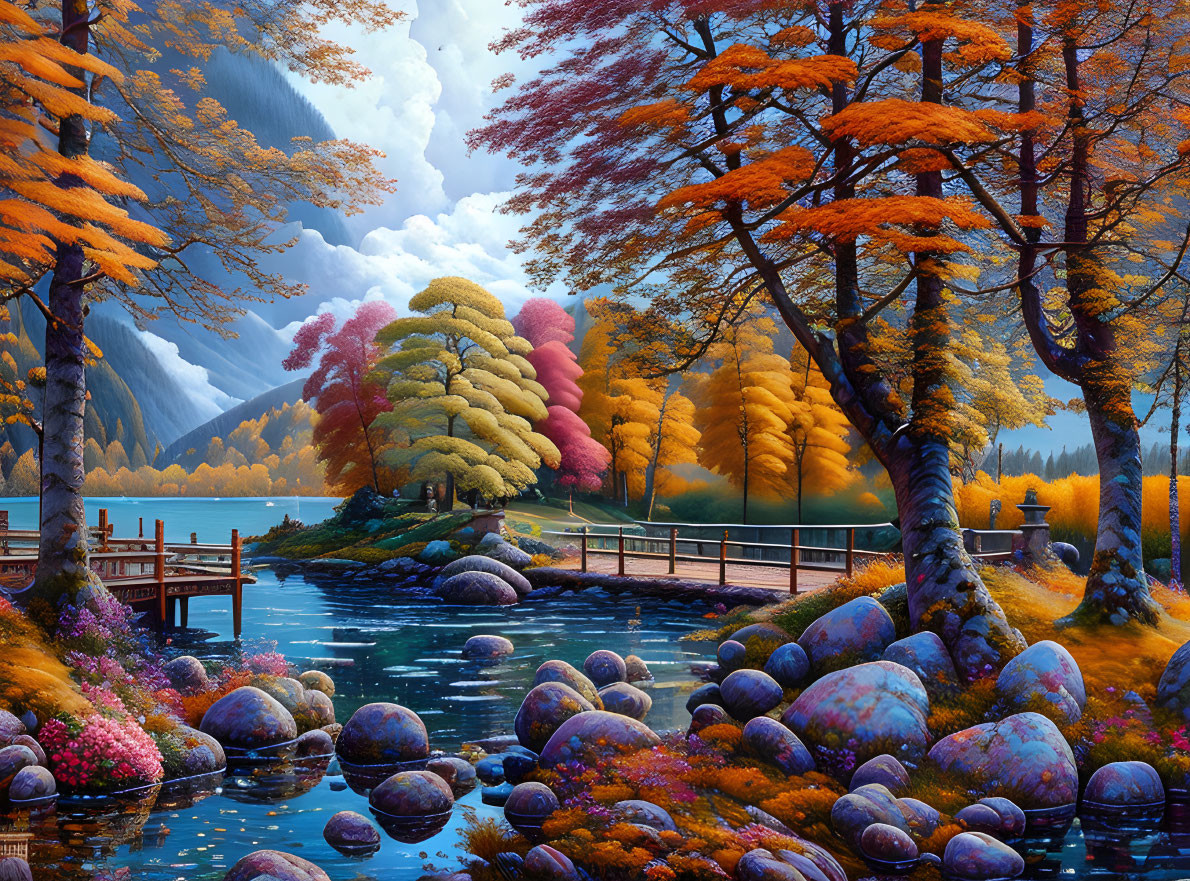 Colorful Autumn Landscape: Forest, Lake, Bridge & Mountains