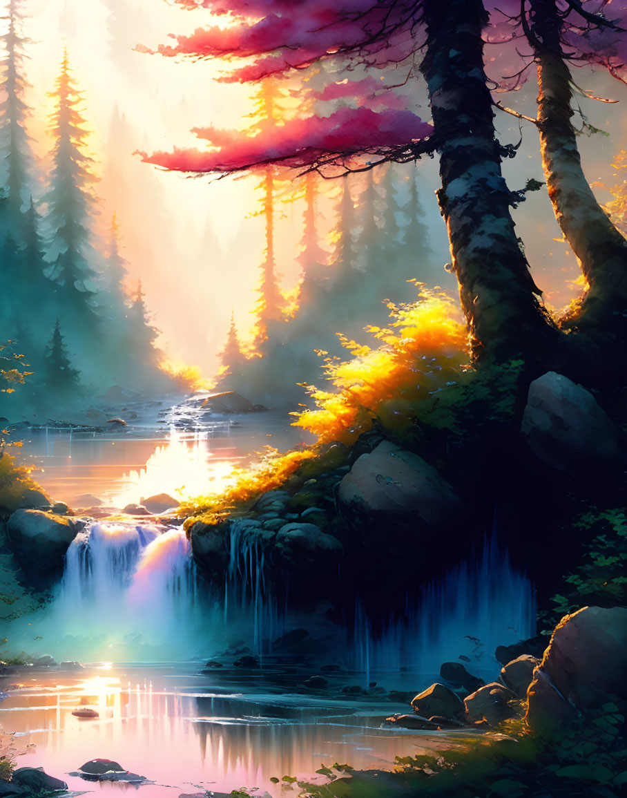 Tranquil forest landscape with waterfall, mist, pond, and vibrant flora