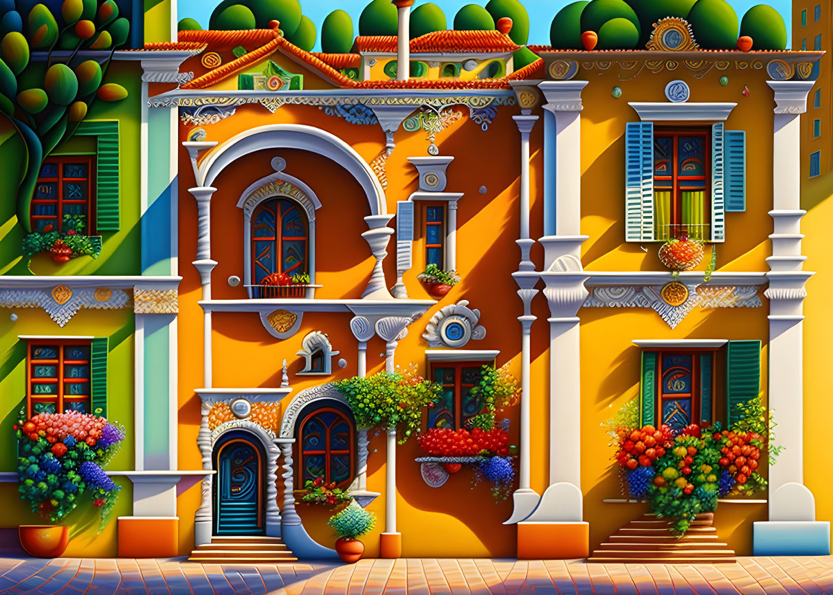 Colorful street scene with ornate buildings and flowers under sunny sky