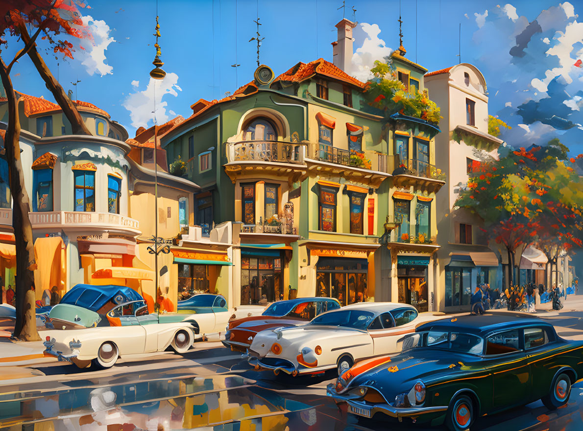 Colorful Vintage Cars Parked in Front of Ornate Buildings on Sunny Autumn Day