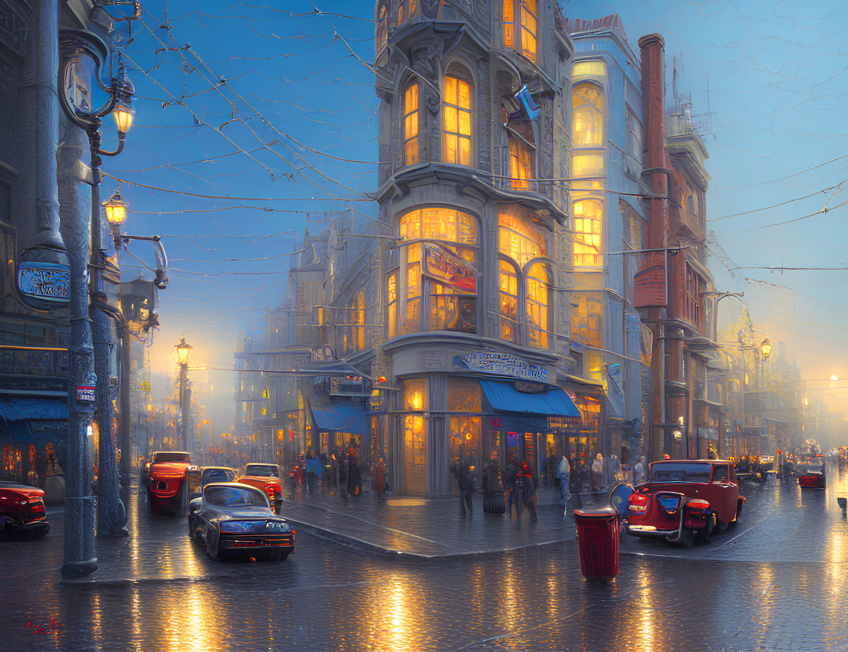 Vintage cars and glowing street lamps on a bustling city street at twilight