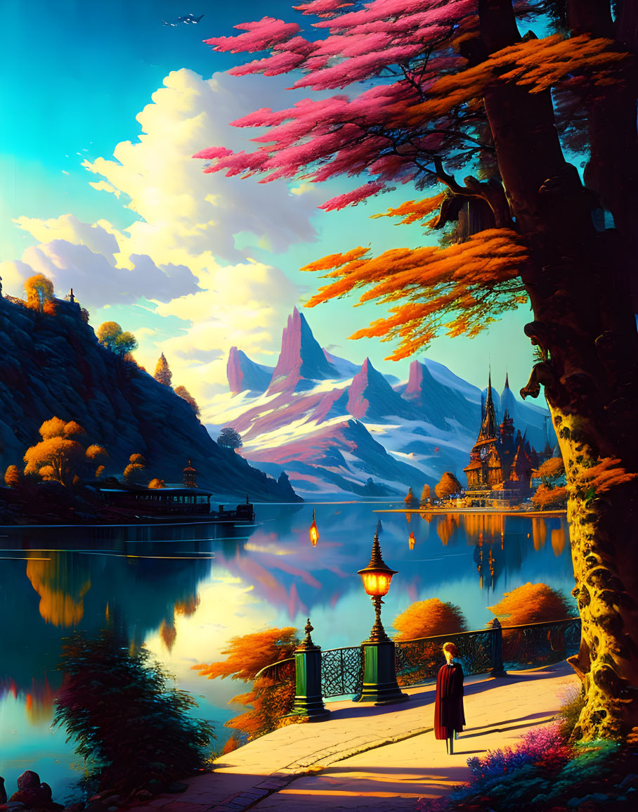 Fantasy landscape with pink foliage, reflective lake, mountains, castle, figure.