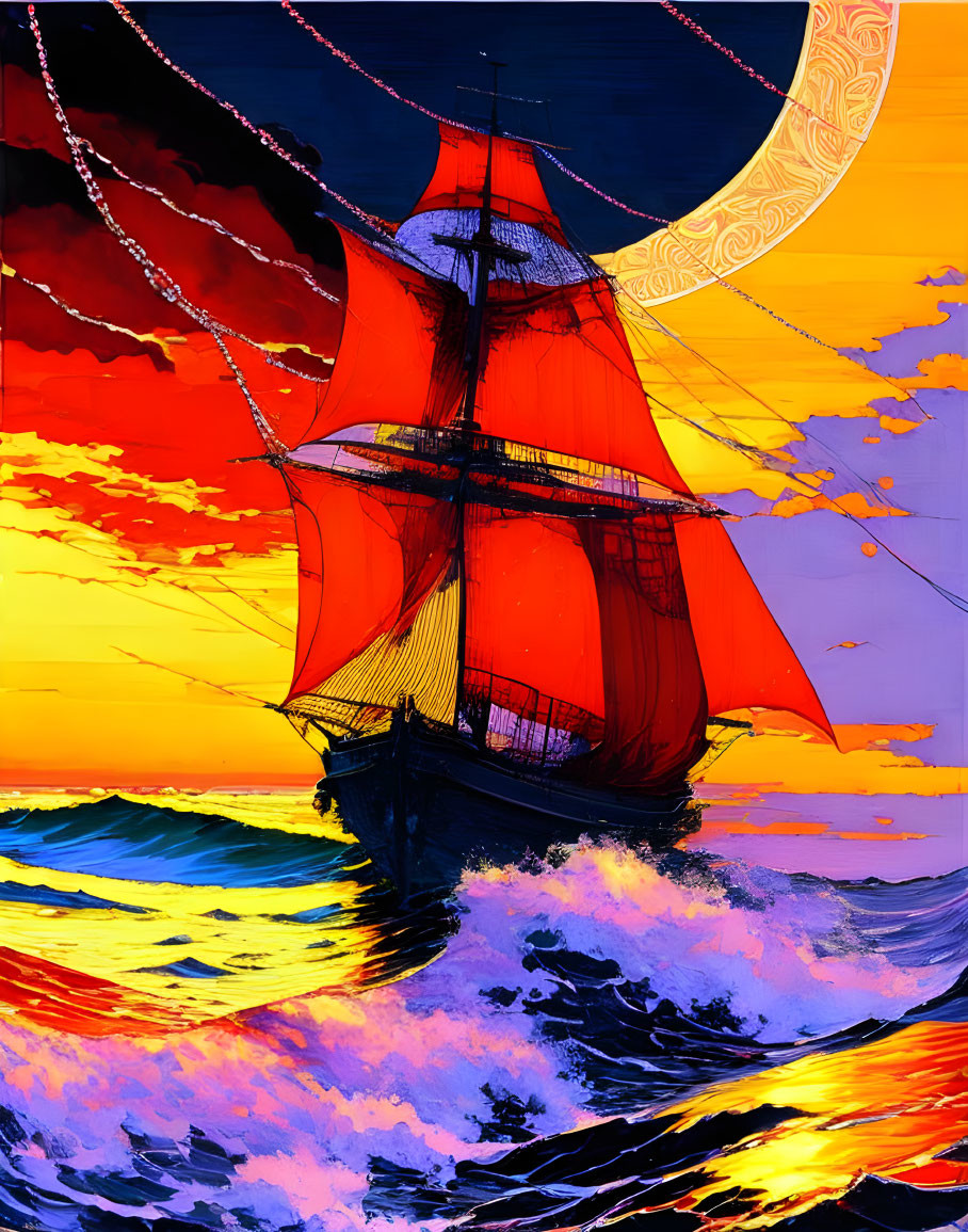 Colorful ship illustration sailing turbulent waves at sunset