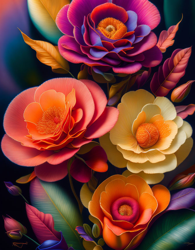 Colorful digital painting of stylized flowers with gradient petals in purple, orange, and yellow, blending