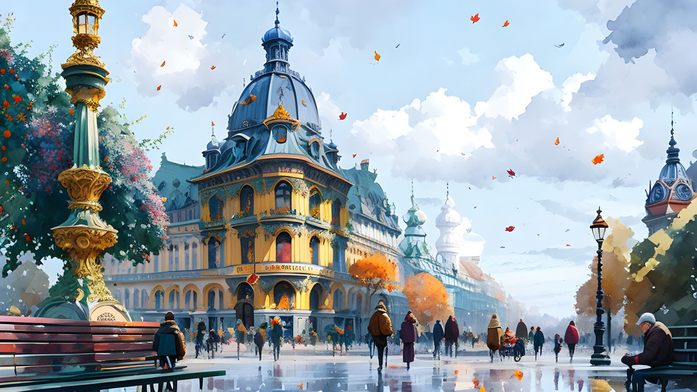 European Plaza Scene with Baroque Architecture and Autumn Atmosphere