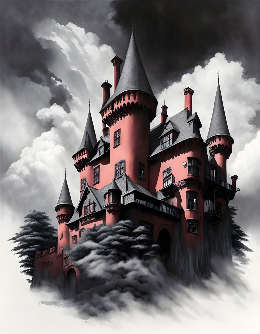 Pink Gothic-Style Castle with Multiple Spires in Ominous Setting