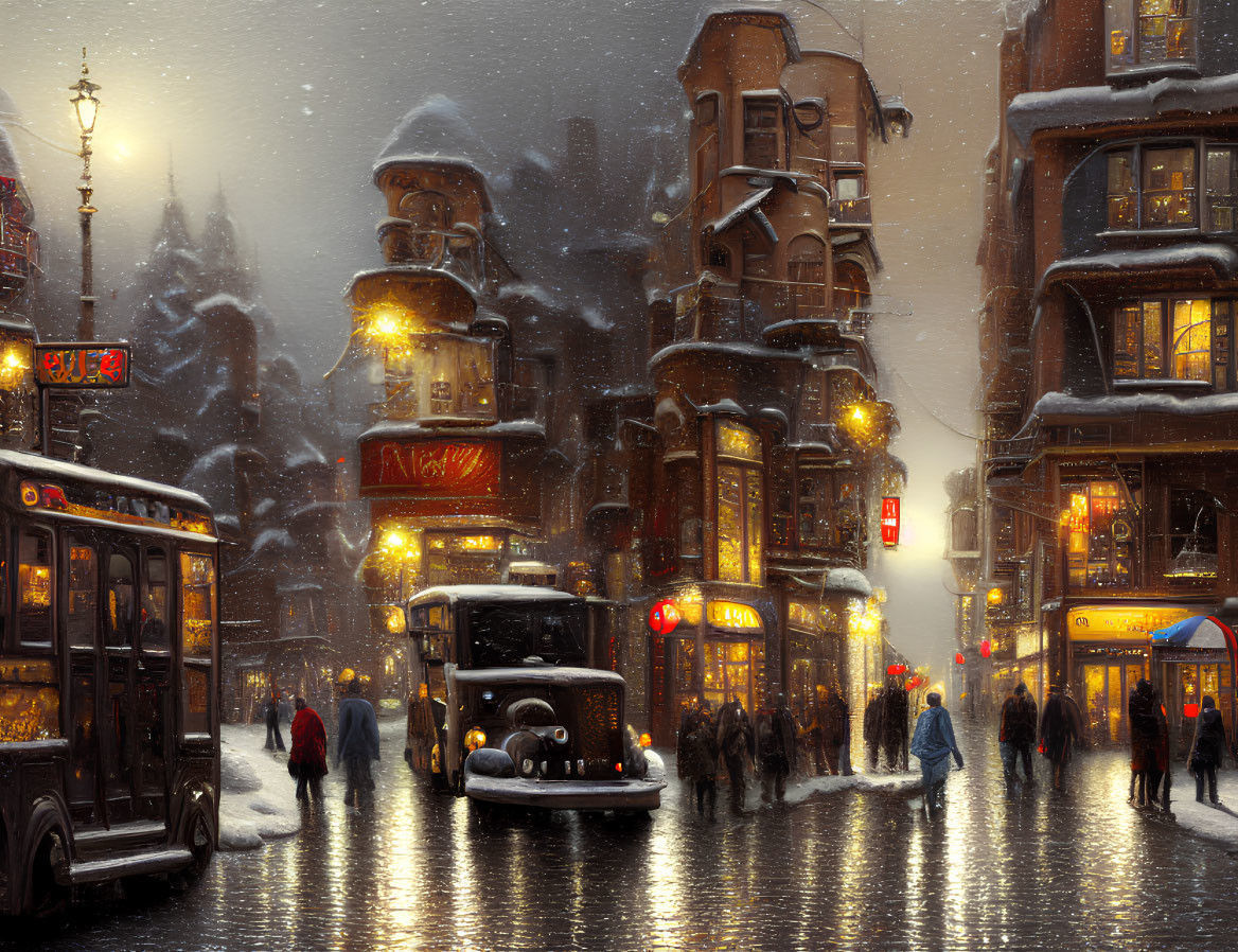 Snowy Winter Evening Scene: Vintage Buses, Streetlights, & Cozy Shops