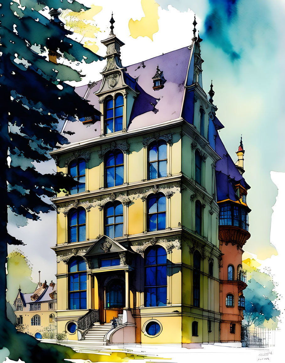 Vibrant Victorian-style building illustration with ornate details.