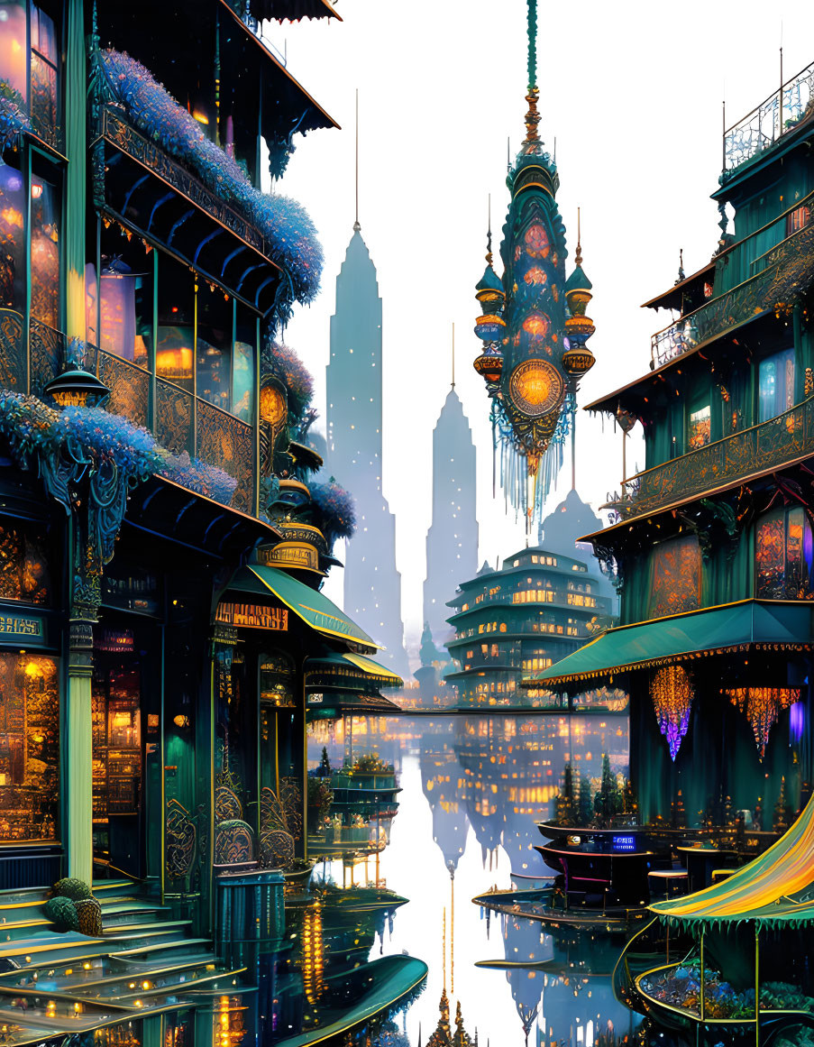 Blend of traditional and modern architecture in futuristic cityscape.