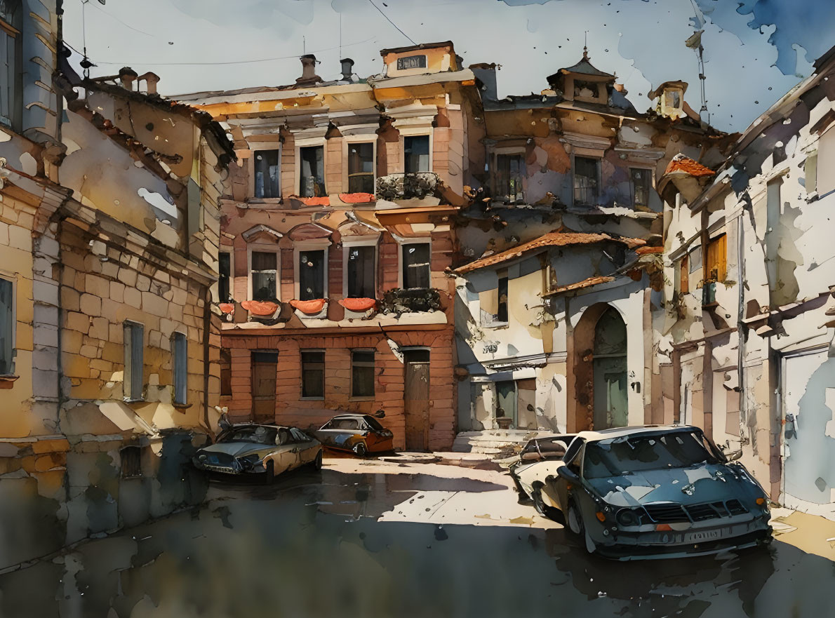 European Street Watercolor Painting with Classic Architecture and Sunny Day