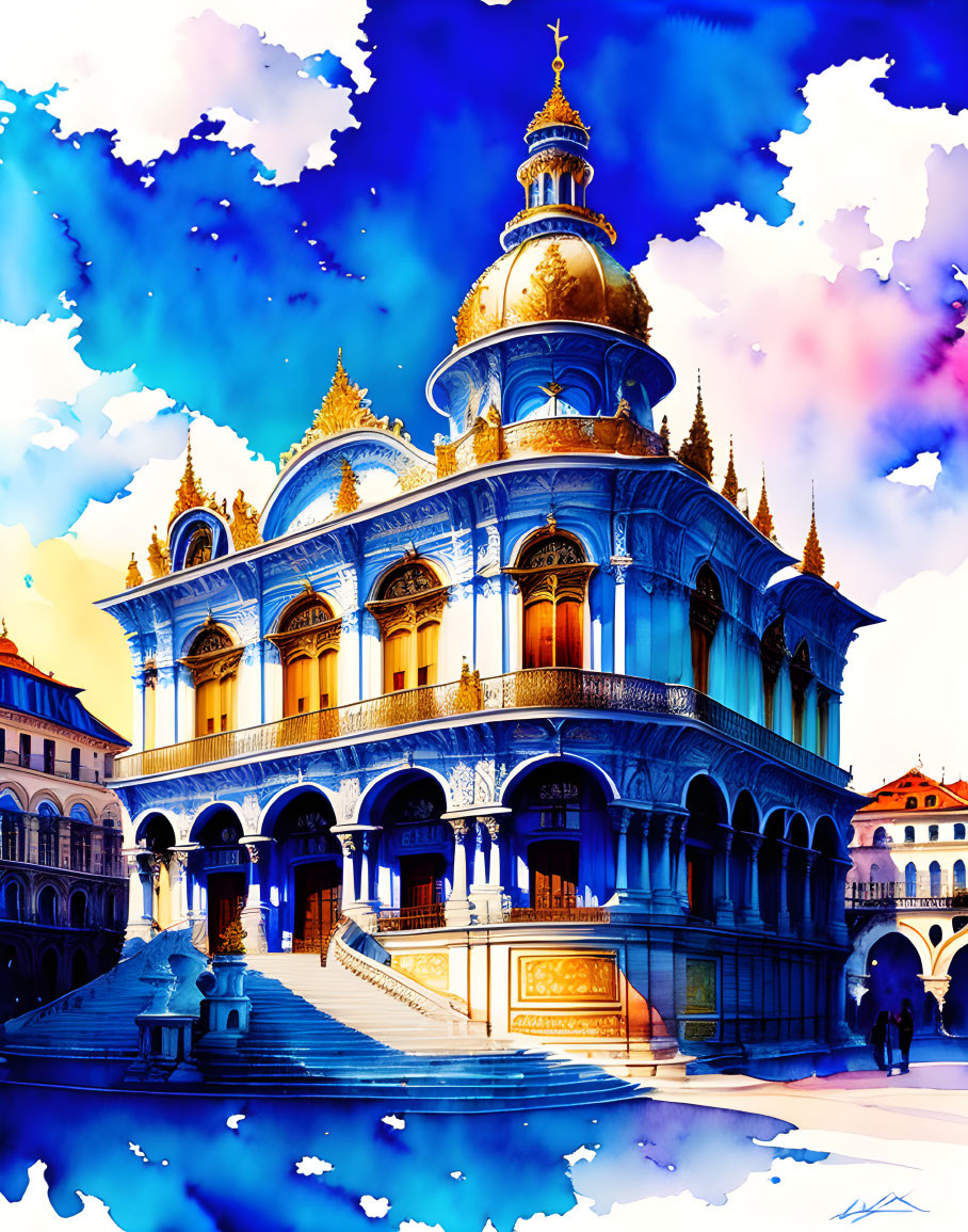 Digital art: Grand building with golden dome in surreal sky