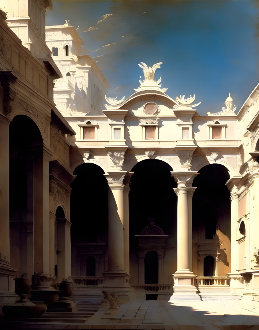 Baroque Courtyard with Arches, Columns, & Intricate Facades