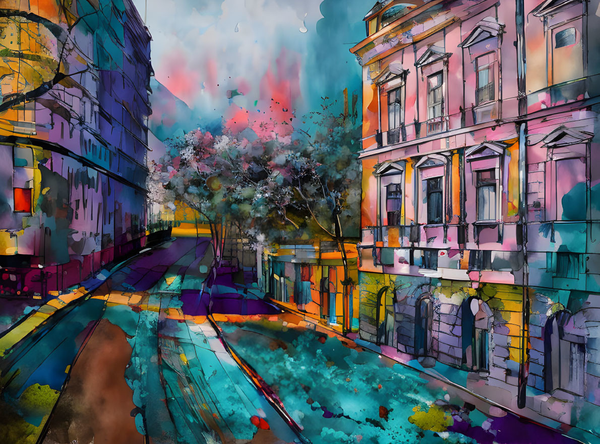 Colorful Urban Street Scene Artwork with Sketch-like Buildings