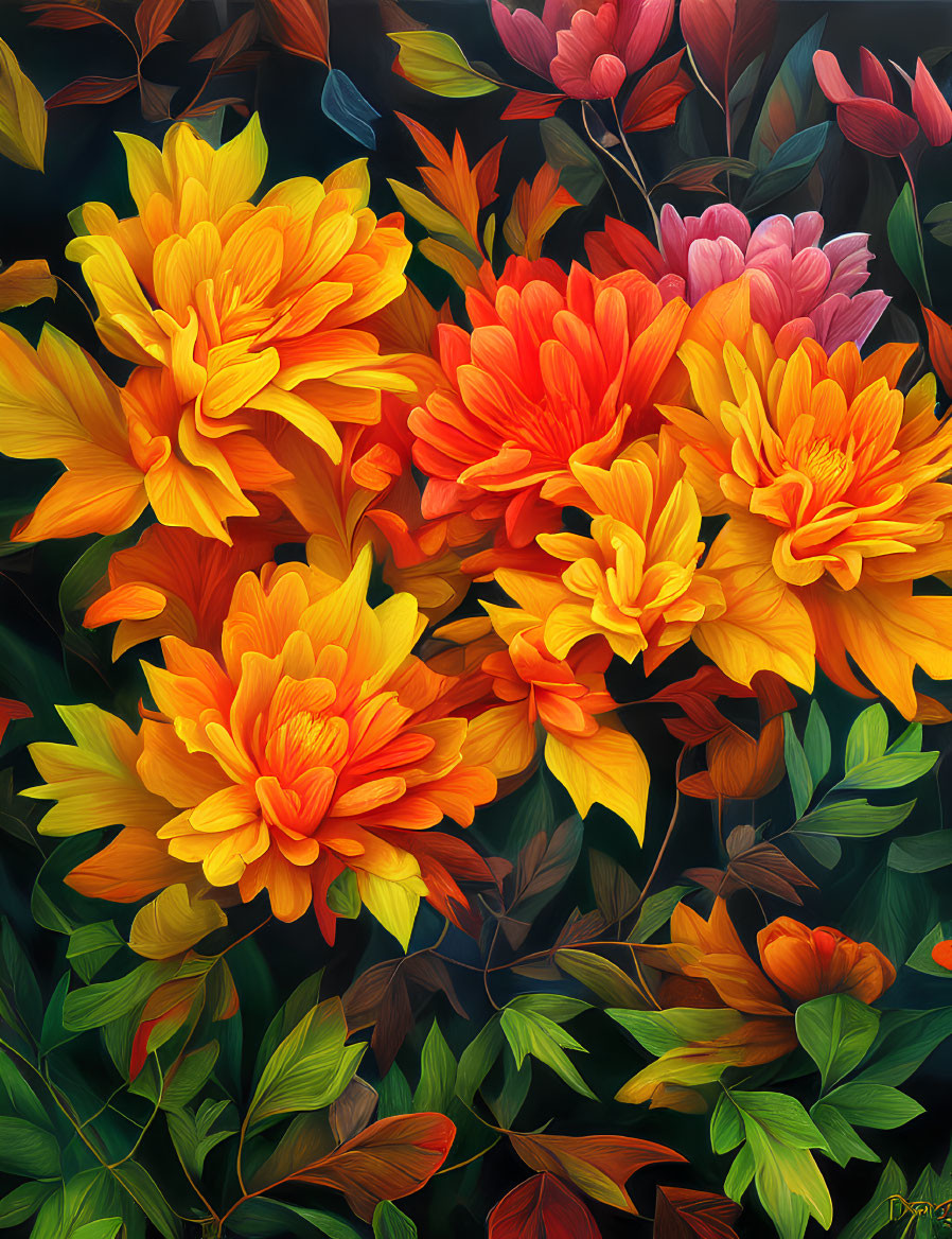 Colorful digital artwork featuring orange and yellow chrysanthemums on dark background