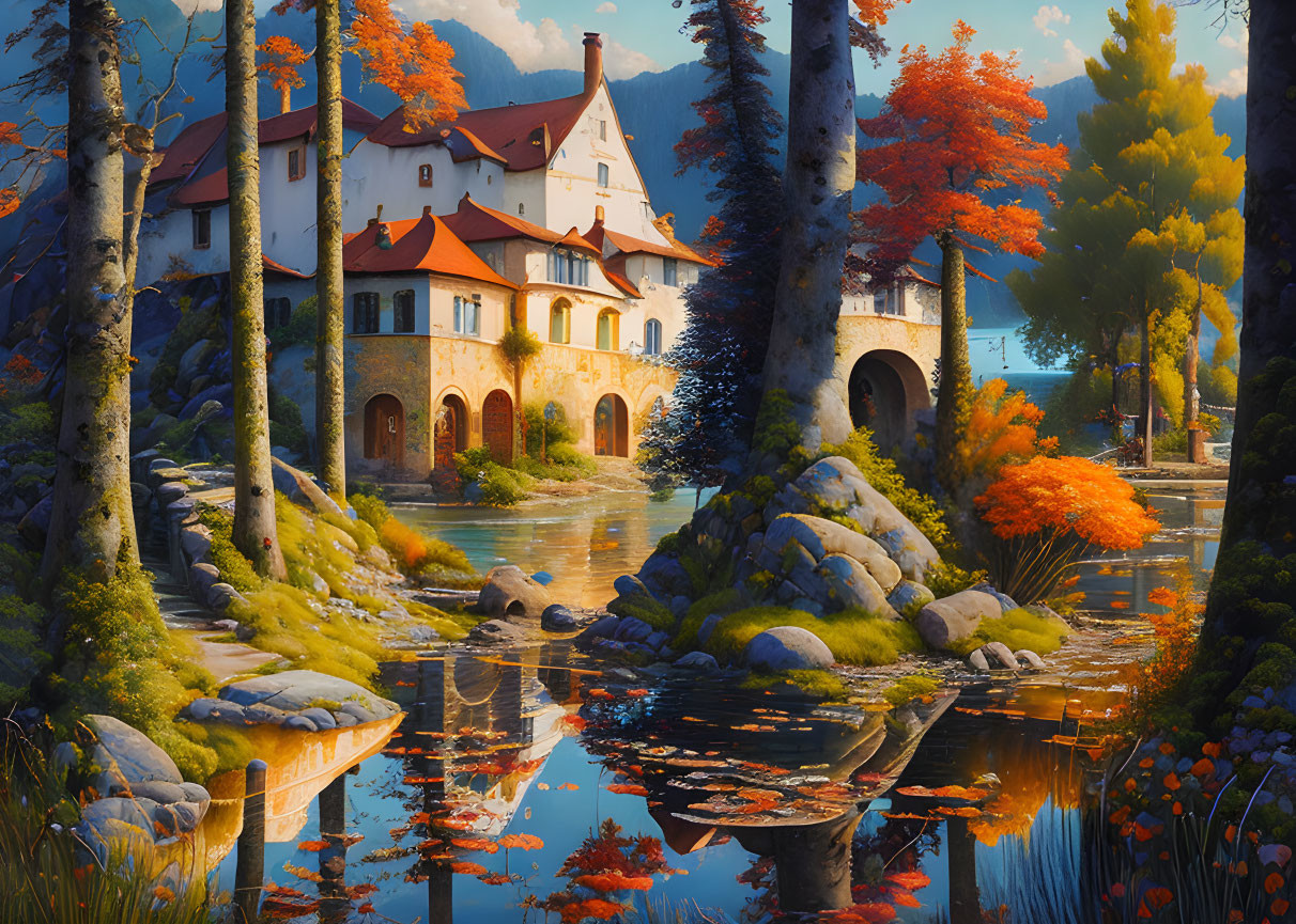 European-style manor by calm river in autumn landscape