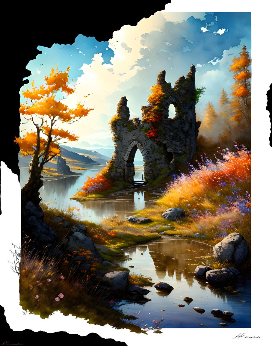 Colorful autumnal scene with ruined archway by serene lake