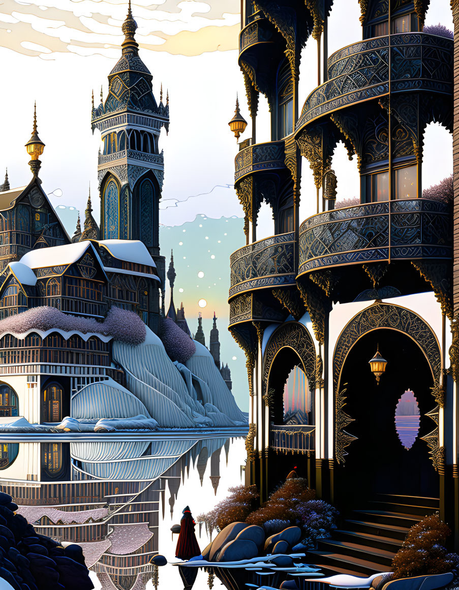 Fantastical castle with intricate spires and figure in red cloak crossing bridge