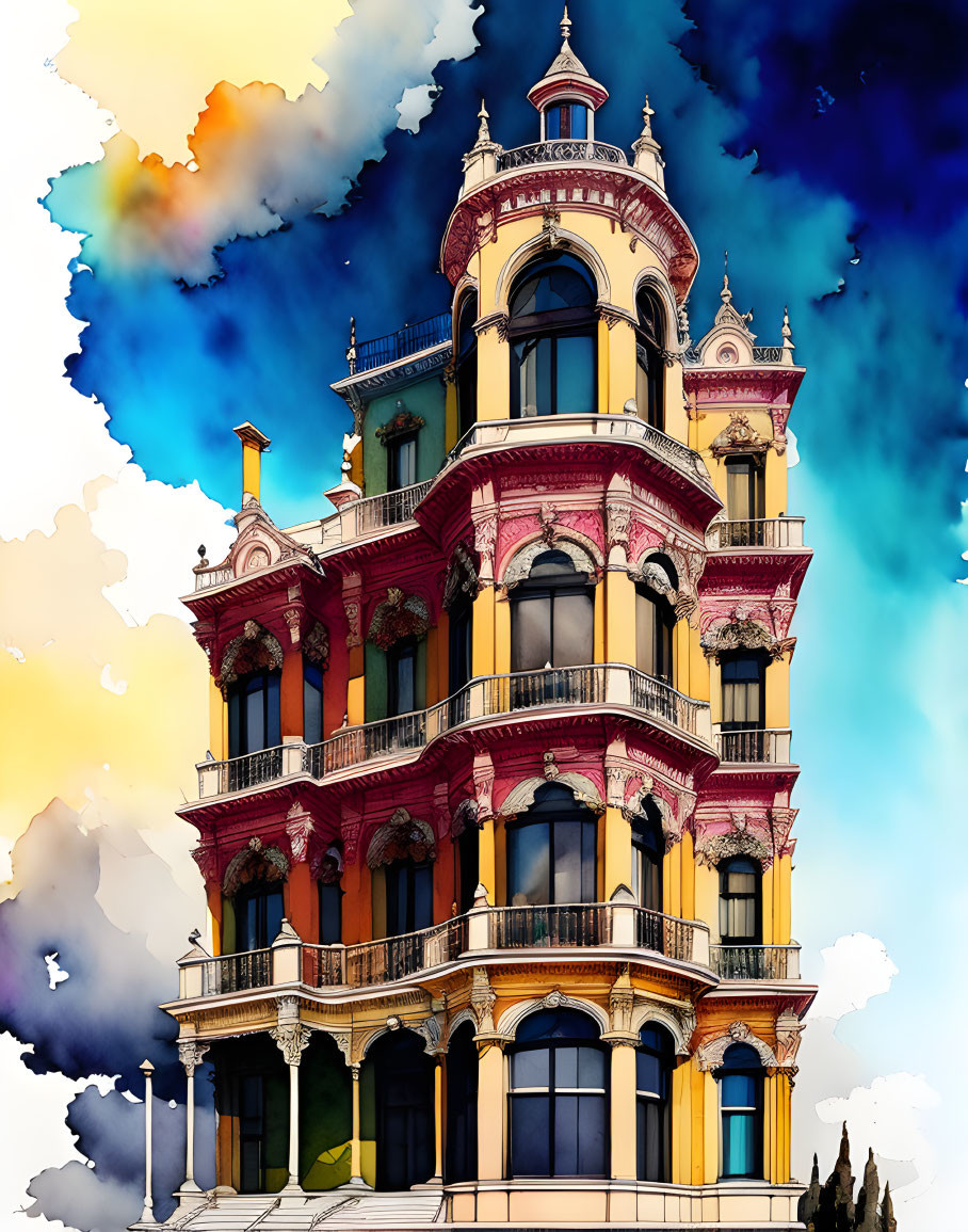 Detailed artwork of vibrant multistory building against abstract, colorful sky