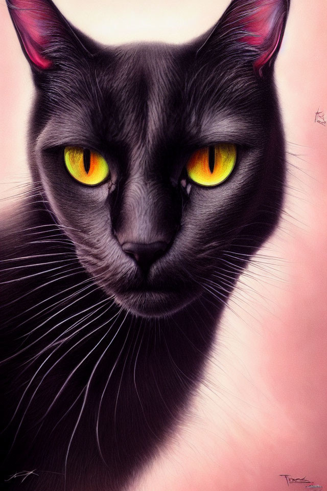 Black Cat with Yellow Eyes on Pink Background