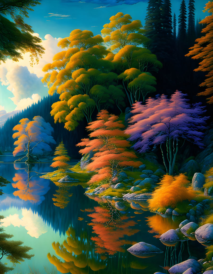 Tranquil lake scene with colorful trees reflected in calm water