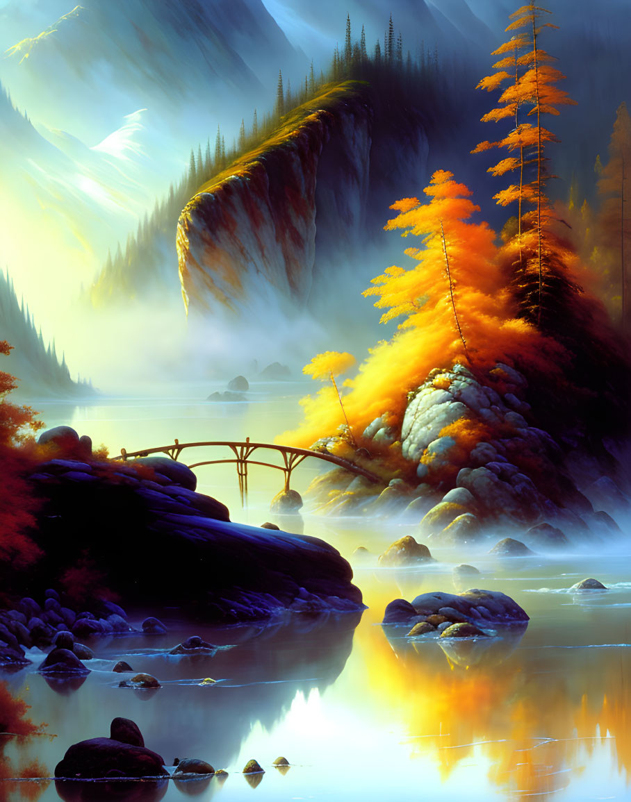 Misty mountains, reflective river, wooden bridge, autumn trees, sunlit rocks