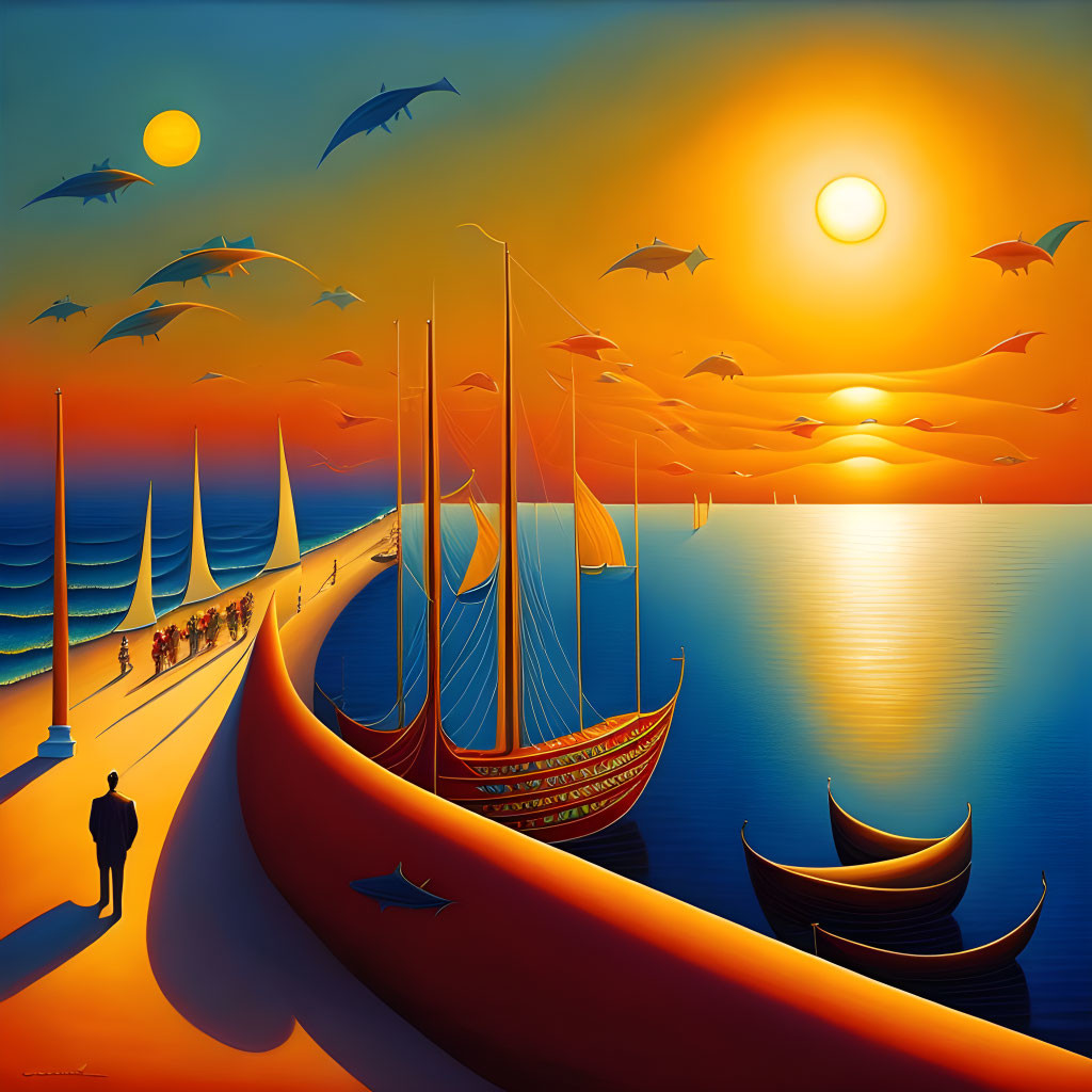 Colorful seascape with boats, pier, and people under dual suns/moons