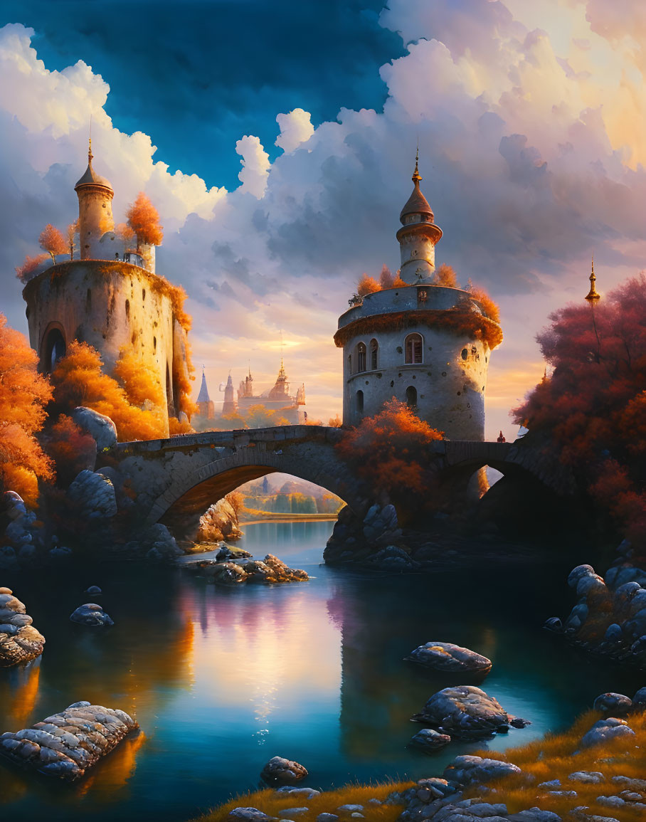 Enchanting castle on arched bridge in fantastical autumn landscape