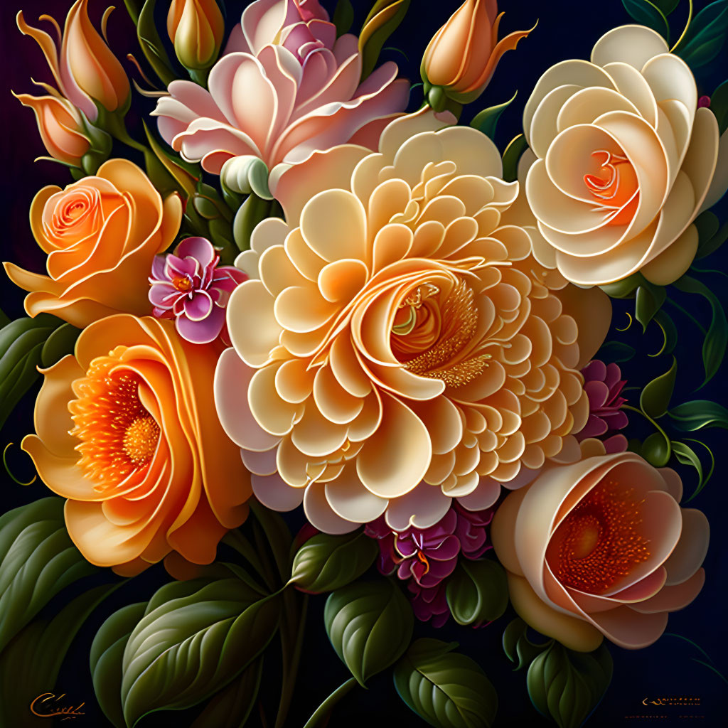 Vibrant floral painting with orange and peach tones on dark background