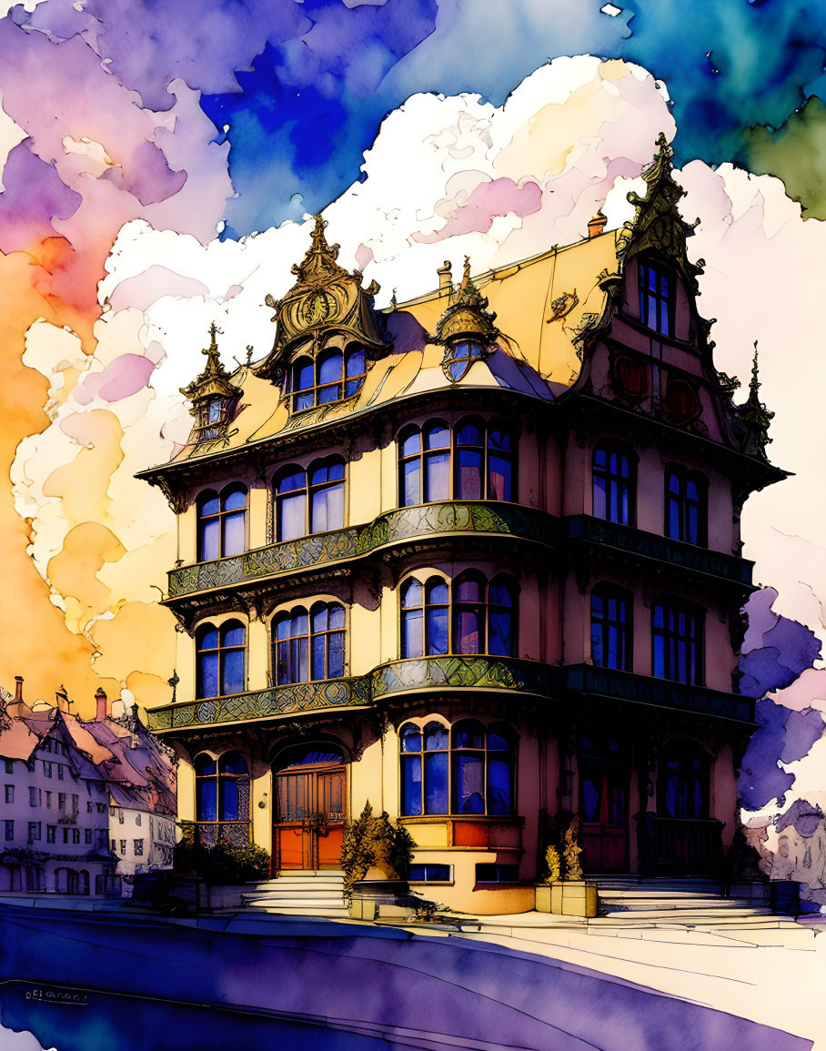 Whimsical multi-story house illustration with elaborate architecture