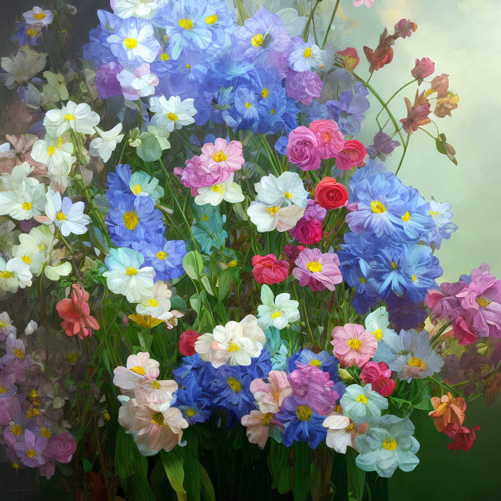 Assorted colorful flower bouquet on misty green backdrop