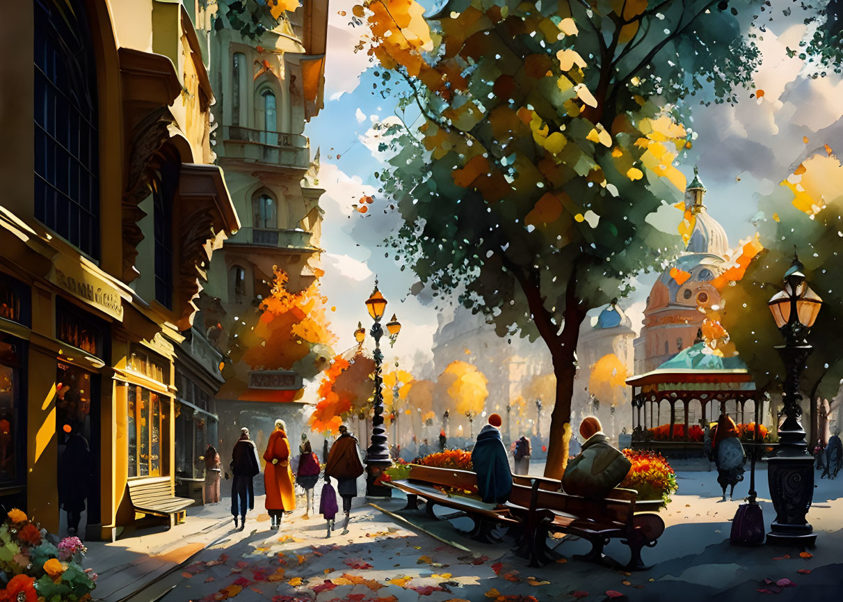 City street in autumn with colorful foliage and people walking