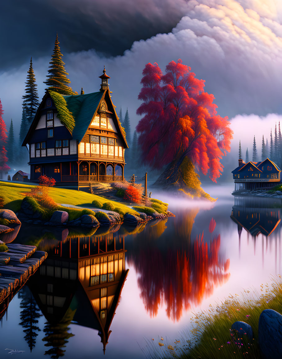 Autumn lakeside view with Tudor-style house and colorful trees